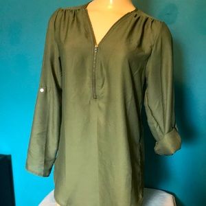 Olive Green Zip Up Blouse Top